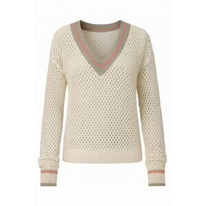 Lisa Todd Women's Size S Open Knit V-Neck Varsity Sweater Cream Beige Pullover‎